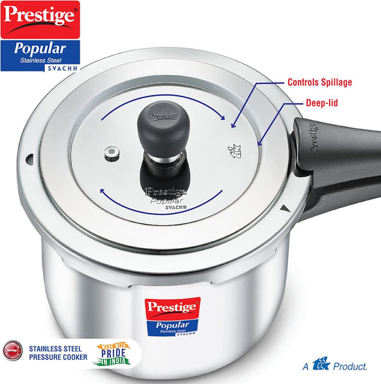 Prestige 1.5 Litre Stainless Steel Popular Svachh Outerlid Pressure Cooker | Deep lid for spillage control|Gas & Induction Compatible|Controlled Gasket Release System