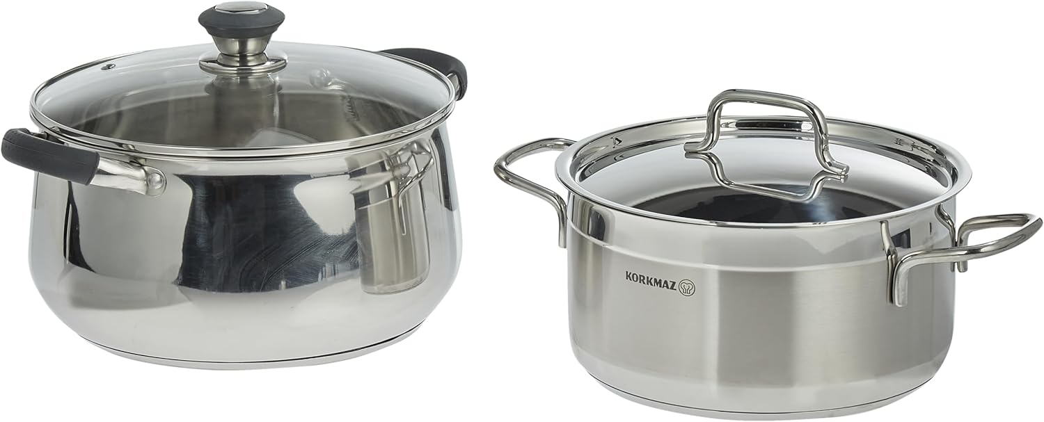 Korkmaz Alfa Grande 14 Pieces Stainless Steel Cookware Set | Stainless Steel Induction Compatible Tri-Ply Bottom Pots and Pans Set | Silver - KA1089