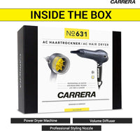 CARRERA AC Hair Dryer № 631, 2400 Watts Profesional, Ultra slim styling nozzle, Diffuser, Hot and Cold Air, 2 Speed 3 Temperature Settings with Cool Shot For both Men and Women