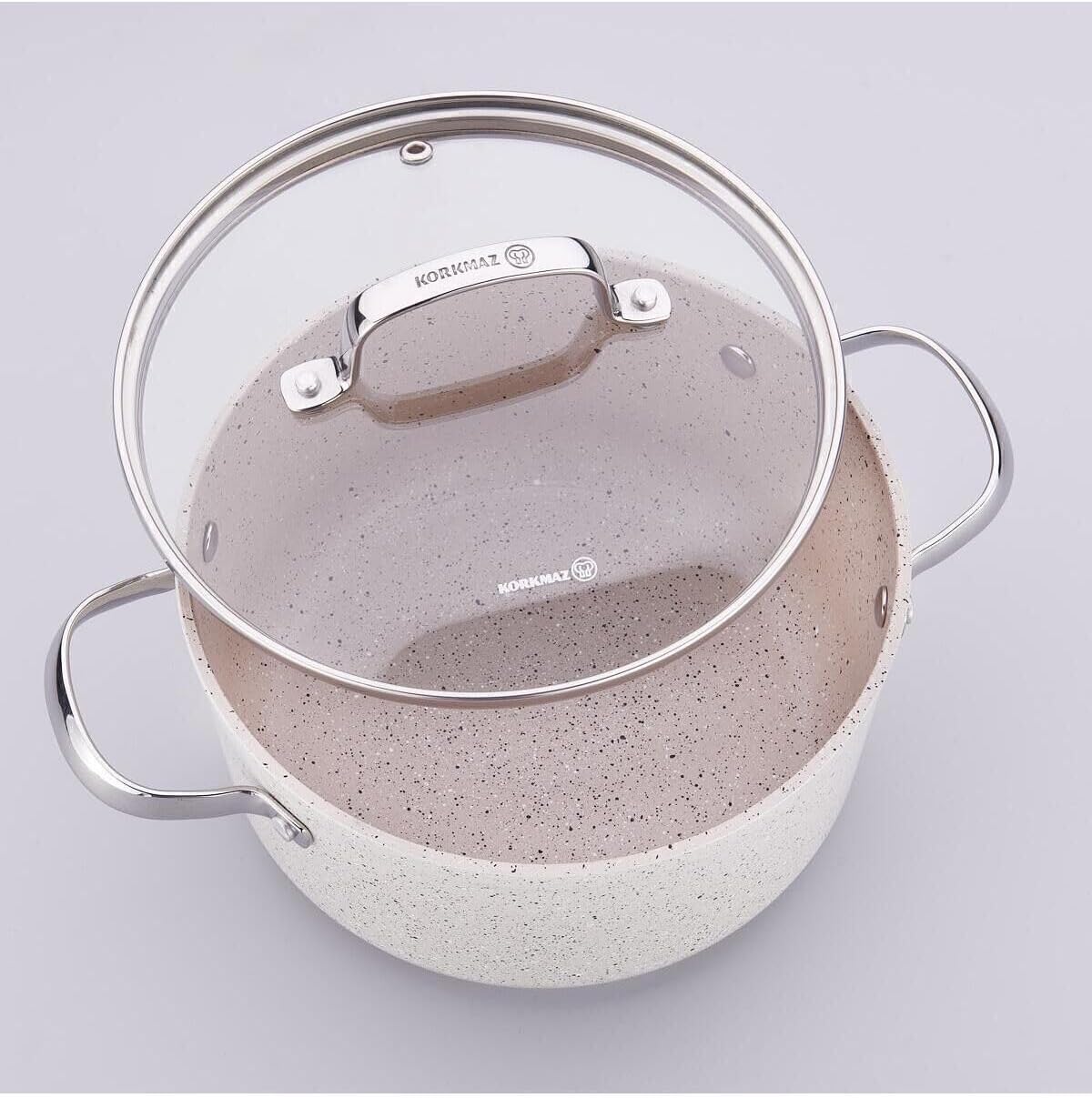 Korkmaz Granita 7 Pieces Non-Stick Cookware Set | Forged Aluminum Granite Coated Induction Base Cookware Pots and Pans Set | Beige - KA1272