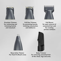 CARRERA CRR625 All-in-1 Trimmer for Men | Cordless Beard, Hair & Body Grooming Kit, Stainless Steel Blades, IPX6 Waterproof, USB Rechargeable, LED Display, 5-Min Boost, Multi Attachments, Gift for Men