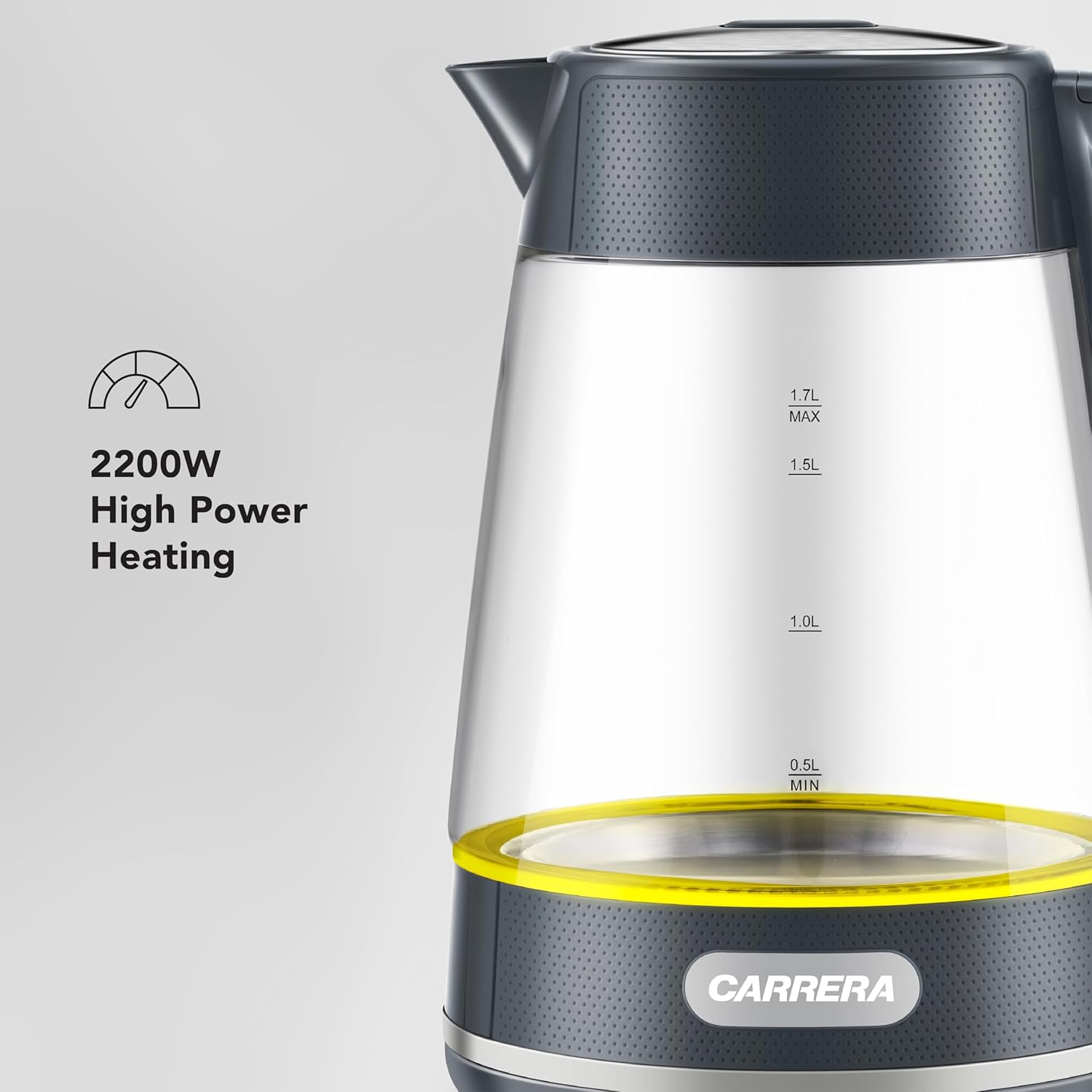 CARRERA Glass Kettle CRR649– 2200W Electric Kettle with 1.7L Heat-Resistant Glass Jug, STRIX Controller & Boil-Dry Protection