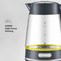 CARRERA Glass Kettle CRR649– 2200W Electric Kettle with 1.7L Heat-Resistant Glass Jug, STRIX Controller & Boil-Dry Protection