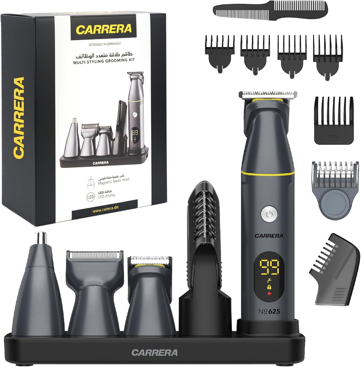 CARRERA CRR625 All-in-1 Trimmer for Men | Cordless Beard, Hair & Body Grooming Kit, Stainless Steel Blades, IPX6 Waterproof, USB Rechargeable, LED Display, 5-Min Boost, Multi Attachments, Gift for Men