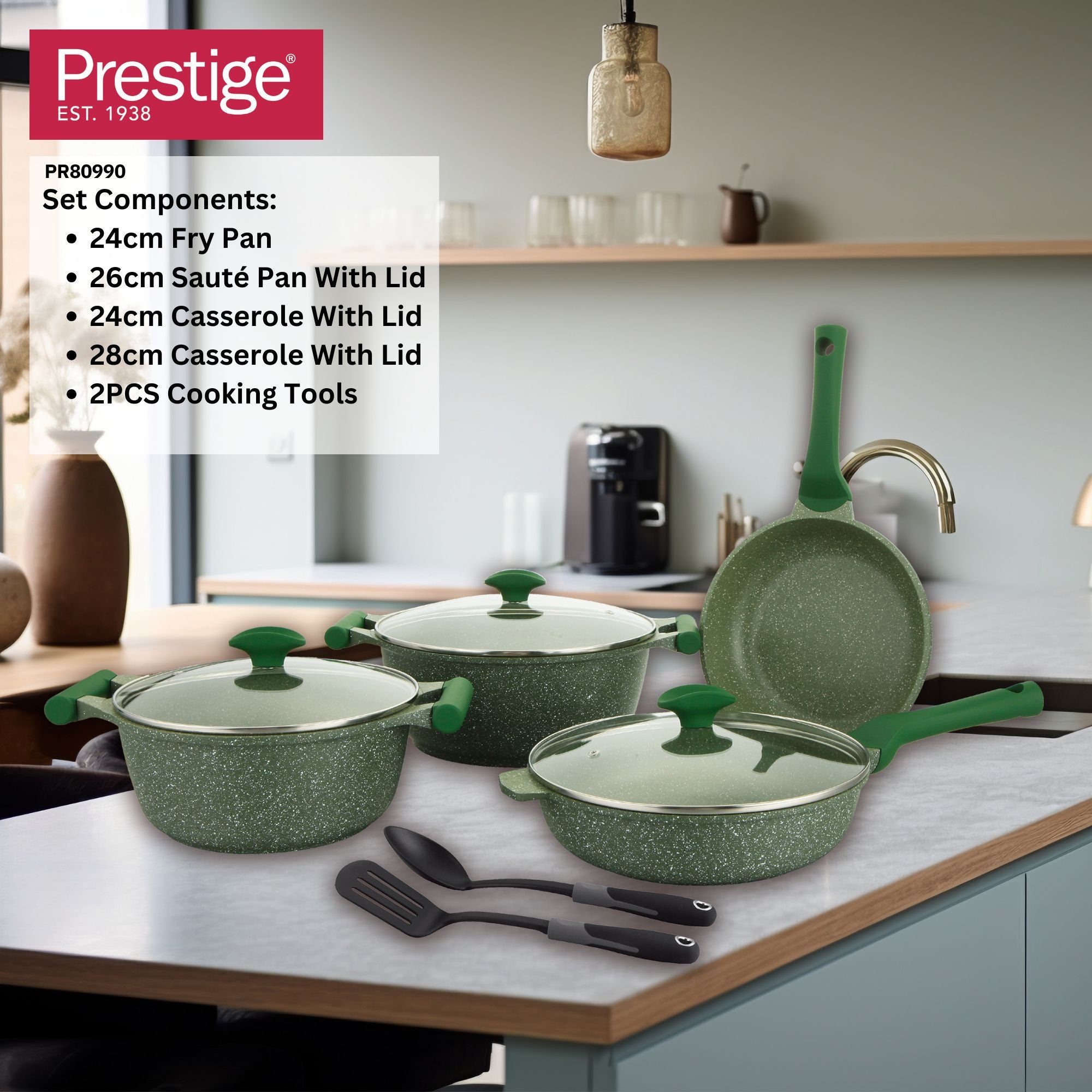 Prestige Essentials 9pcs Pots and Pans Set | Nonstick Cookware Sets | Granite Pots Set | Kitchen Induction Pots and Pans Cooking Sets | Pan Sets for Cooking | Green - PR80990