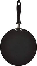 A black non-stick pan with a black handle and silver rivets, shown from a top-down perspective on a white background.
