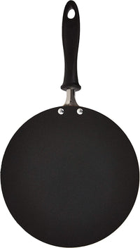 A black non-stick pan with a black handle and silver rivets, shown from a top-down perspective on a white background.