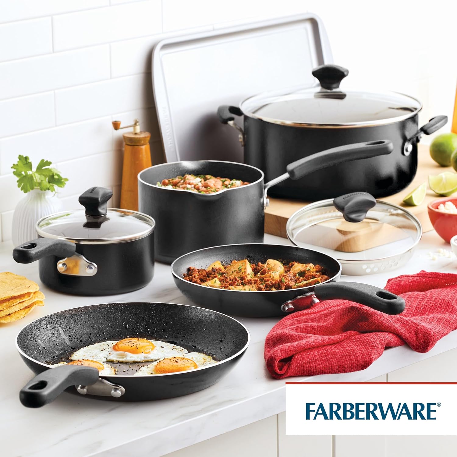 Farberware Cookstart Diamond Max Nonstick Cookware | Pots and Pans Set with Glass Lids | Non-Stick Cookware Set 15 Piece - Black