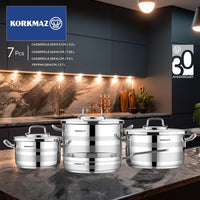 Korkmaz Astron 7 Pcs Cookware Set | Stainless Steel Pots and Pans Set | Inductions Compatible Tri-Ply Bottom Cooking Set | Silver - KA2054