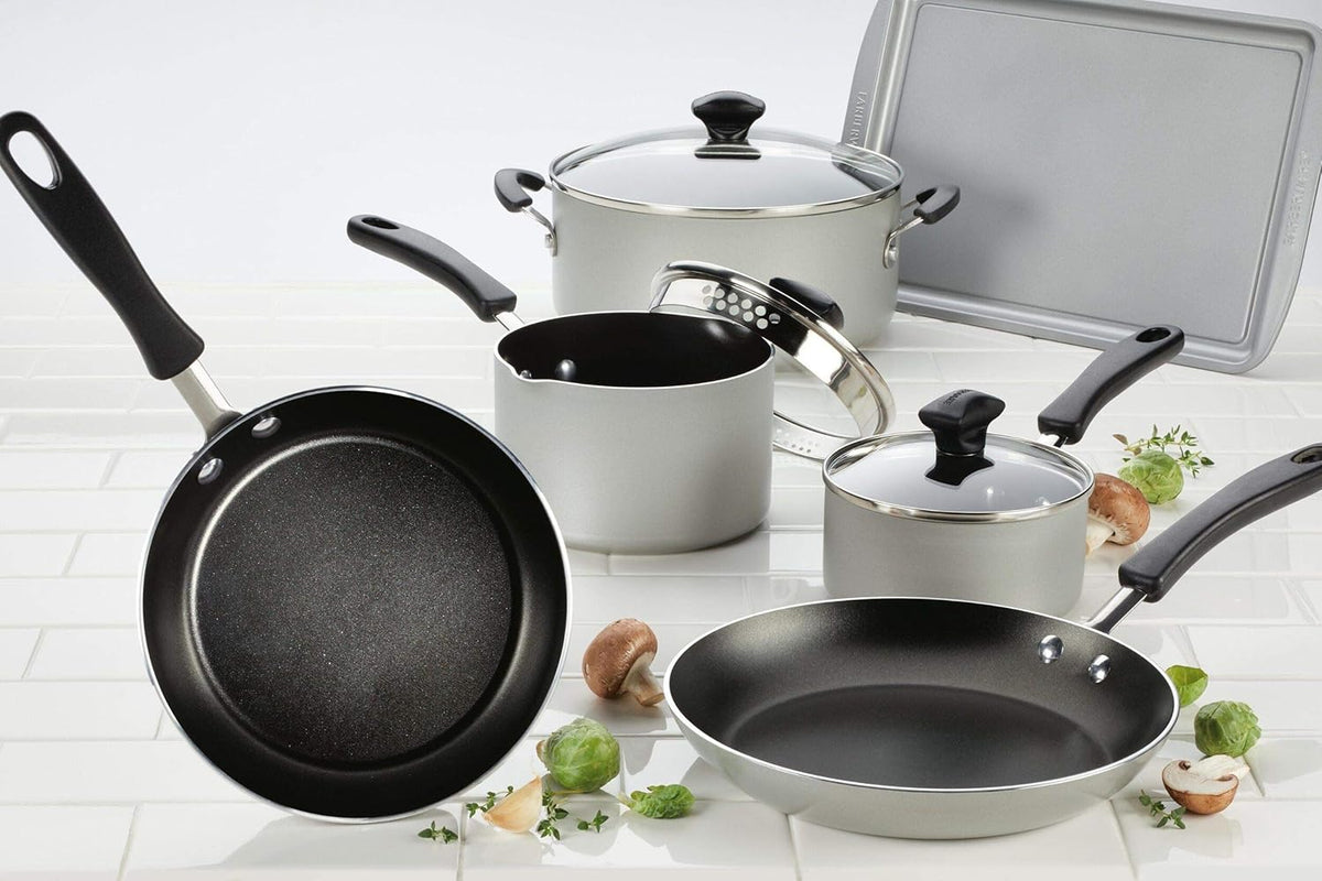 Farberware Cookstart Diamond Max Nonstick Cookware Pots and Pans Set | Nonstick Cookware Sets 15 Piece - Silver