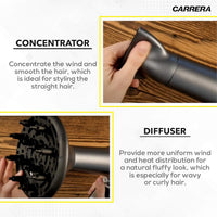 CARRERA AC Hair Dryer № 631, 2400 Watts Profesional, Ultra slim styling nozzle, Diffuser, Hot and Cold Air, 2 Speed 3 Temperature Settings with Cool Shot For both Men and Women