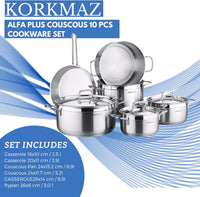 Korkmaz Alfa Plus Couscous 10 Pcs Stainless Steel Cookware Set | Induction Compatible Tri-Ply Bottom Pots and Pans Set | Silver - KA1998