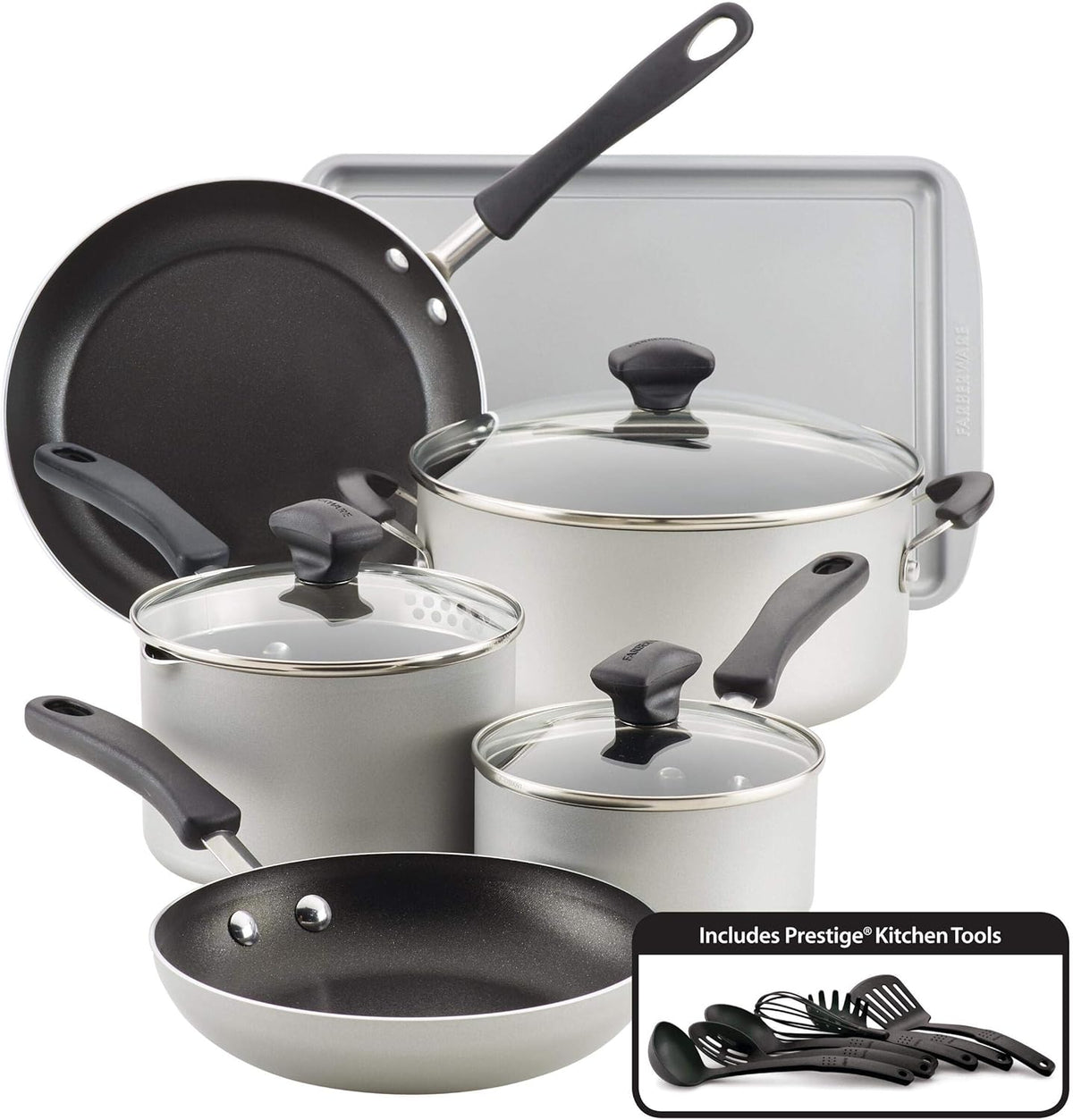 Farberware Cookstart Diamond Max Nonstick Cookware Pots and Pans Set | Nonstick Cookware Sets 15 Piece - Silver