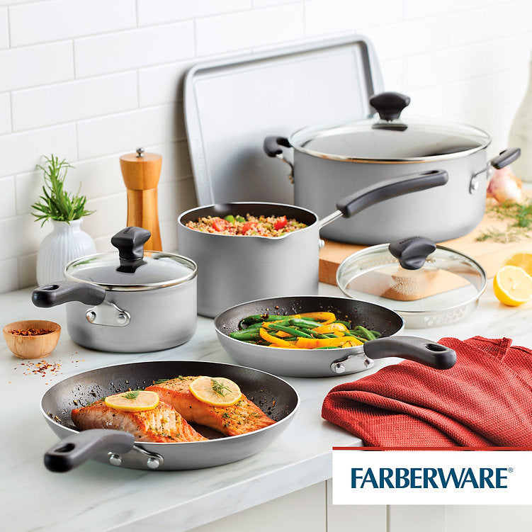 Farberware Cookstart Diamond Max Nonstick Cookware Pots and Pans Set | Nonstick Cookware Sets 15 Piece - Silver