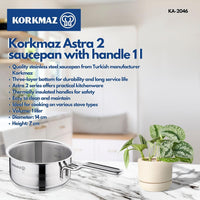 Korkmaz Astra Stainless Steel Saucepan 14 X 7 Cm 1.0 Ltr | Stainless Steel Induction Compatible Tri-Ply Bottom Saucepan | KA2046