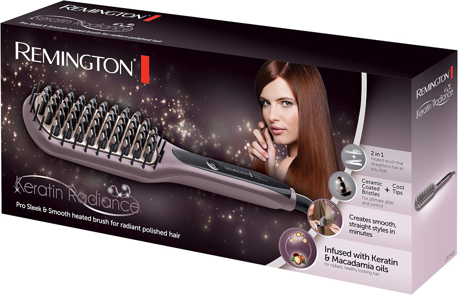 Remington Keratin Radiance Sleek & Smooth Heated Brush | Anti-Frizz Styling Tool with Advanced Ceramic & Keratin Coating | Quick Heat-Up & Shine Boost Technology – RECB7401