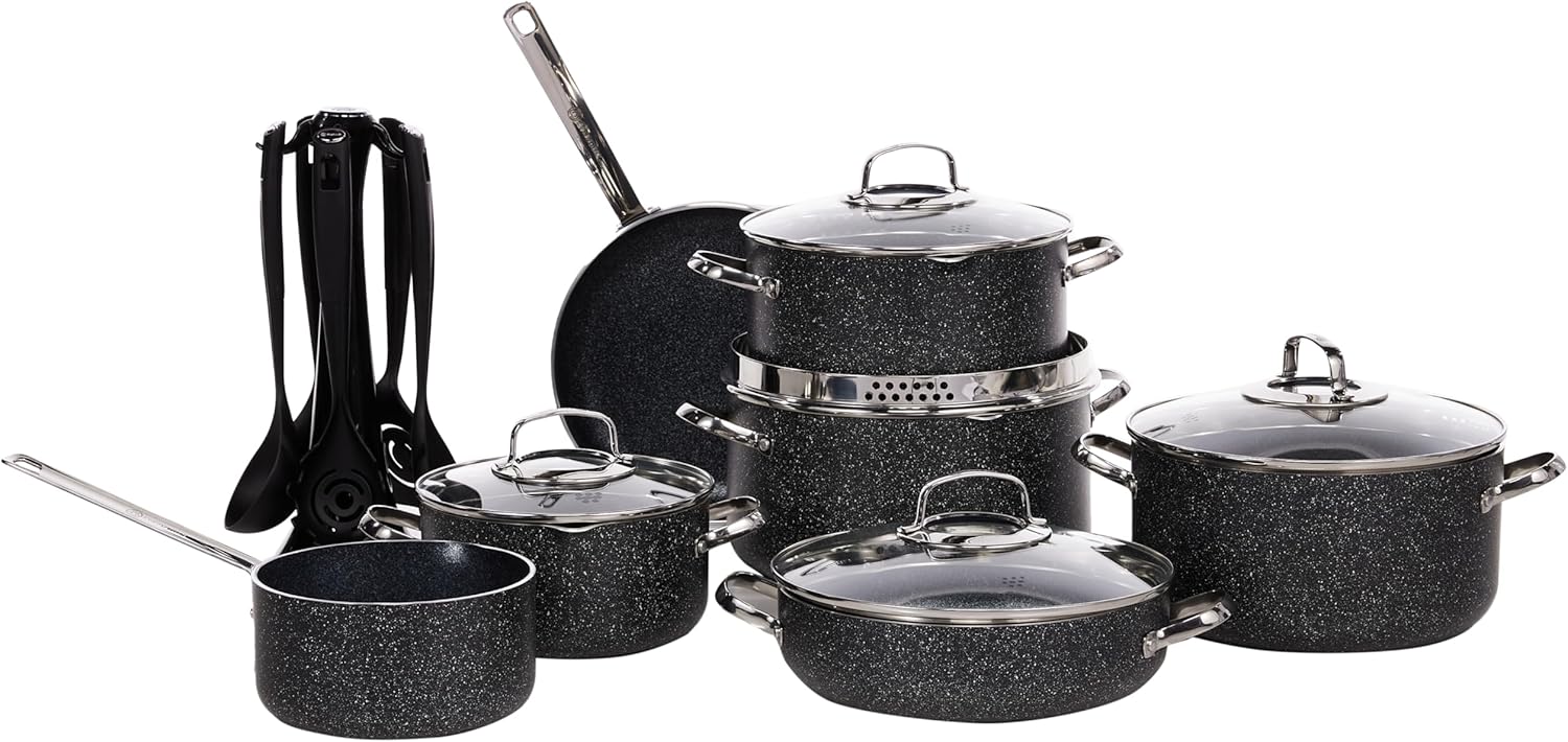 Korkmaz Galaksi 3xl 18 Pcs Cookware Set | Granite Coated Cast Aluminium Cooking Sets | Induction Compatible Cookware Pots and Pans Set | Black | KA2683