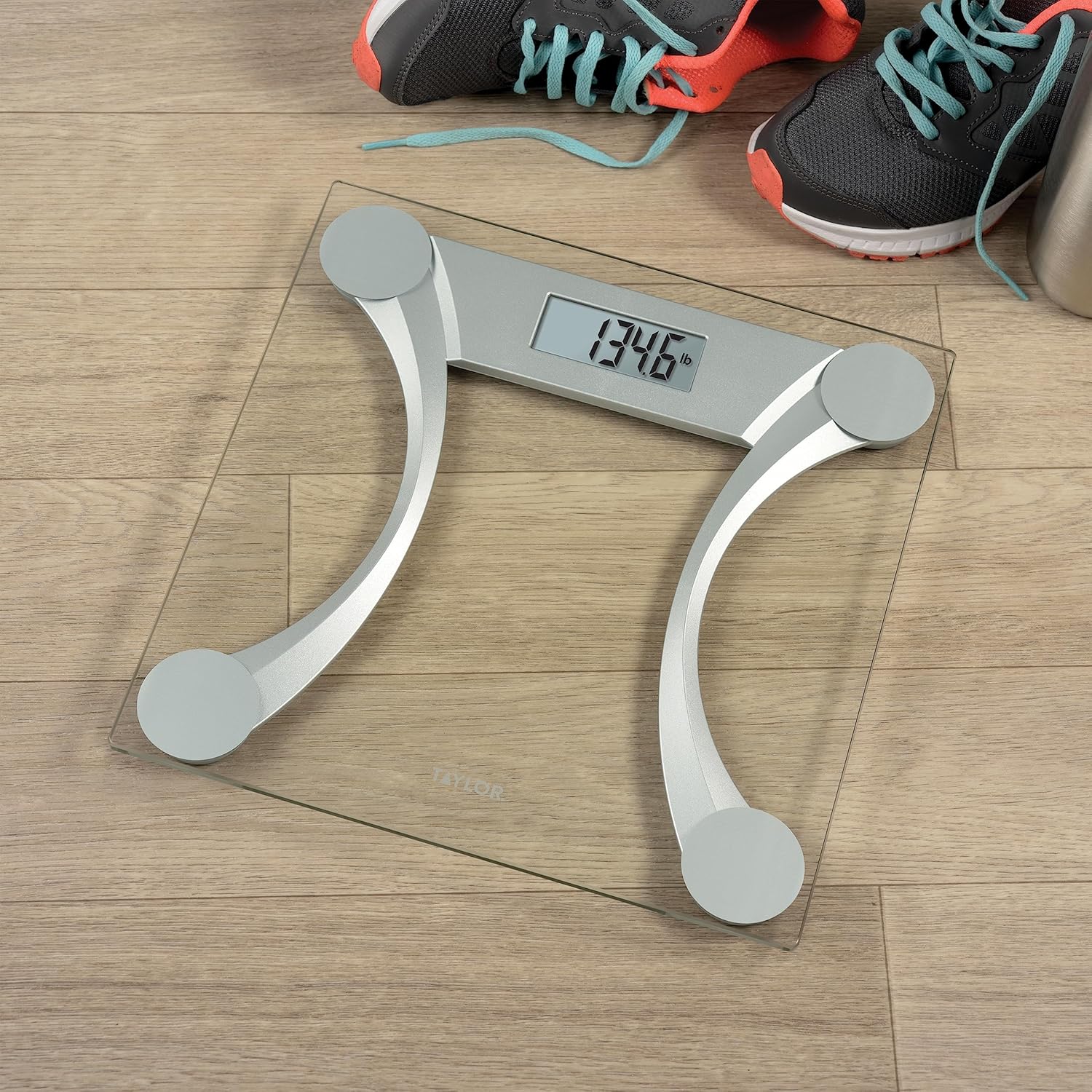 Taylor Clear Glass Digital Bathroom Scale | 400 lb Capacity with Metallic Accents | 11.8" x 11.8" Platform & Easy-to-Read LCD Display – Silver (Model: ELYSM-7602FT-02)