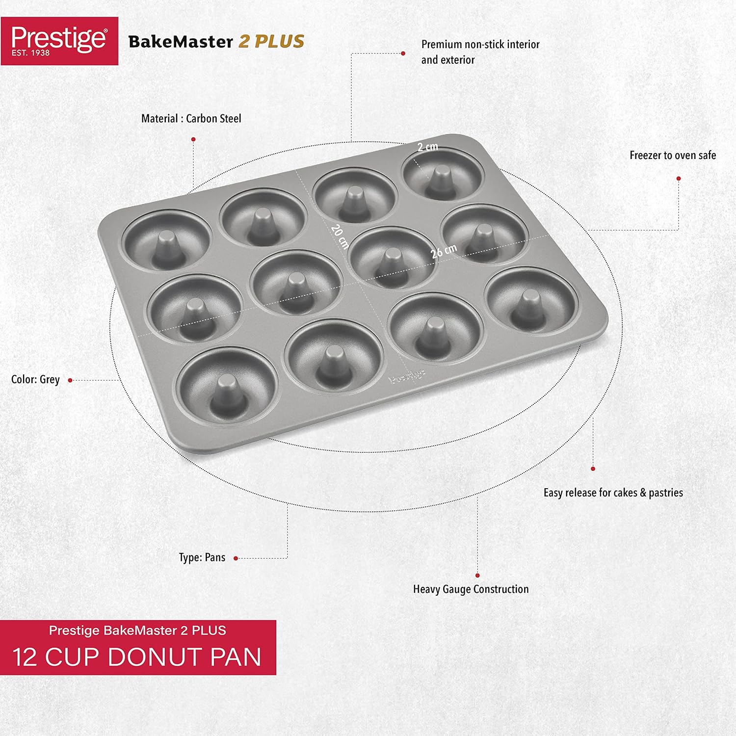 Prestige Mini Donut Pan | Non-Stick Baking Pan with 12 Cup | Donut Baking Tray | Grey - PR218616