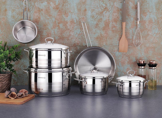 Korkmaz Astra 9 Pcs Stainless Steel Cookware Set | Induction Compatible Tri-Ply Bottom Pots and Pans Set | Silver -  KA2020