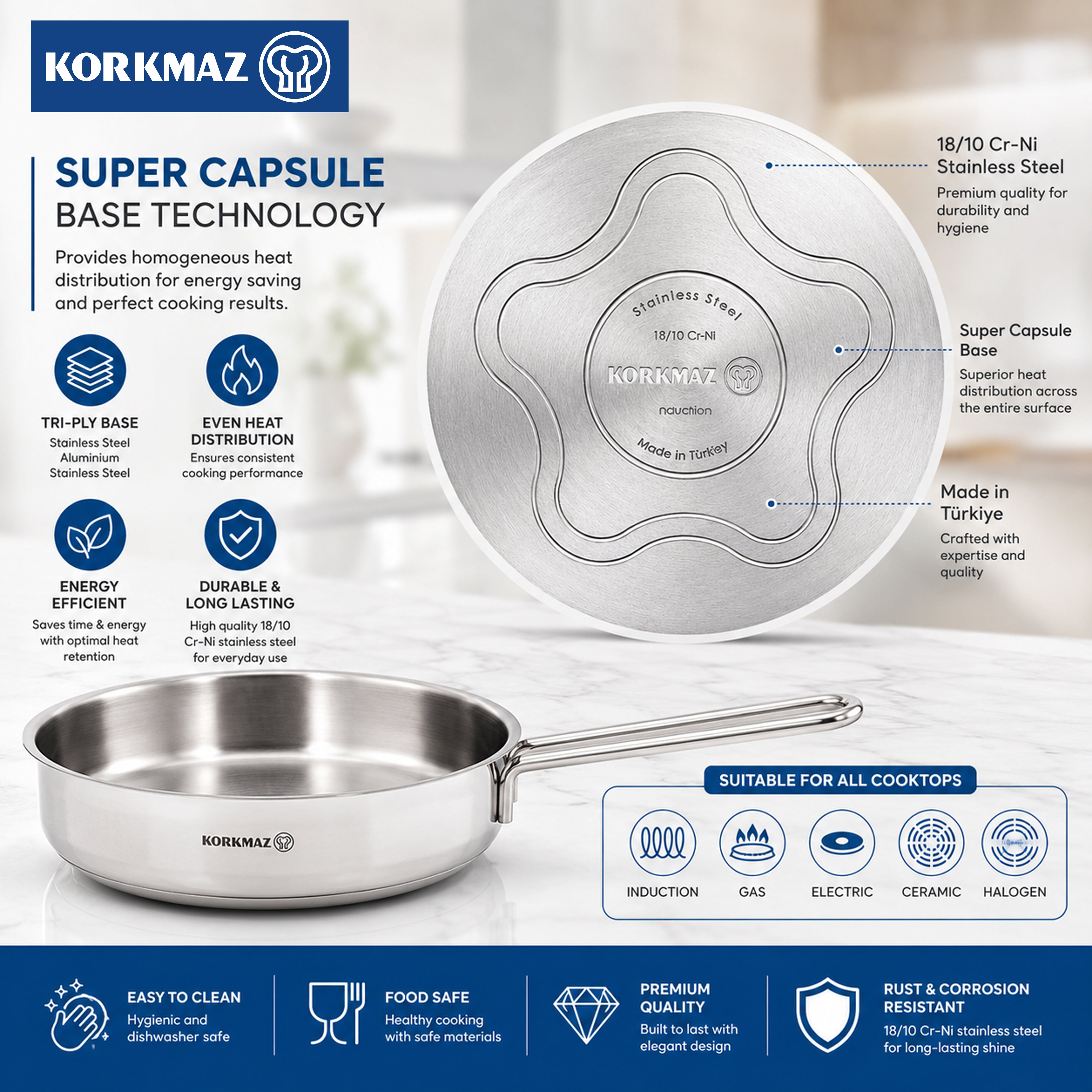 Korkmaz Alfa Stainless Steel Frypan 24x6 CM (2.7L) | KA1021