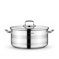 A stainless steel stockpot with a matching lid, featuring horizontal brushed silver bands on the pot body and a glass handle on the lid, shown on a white background.
