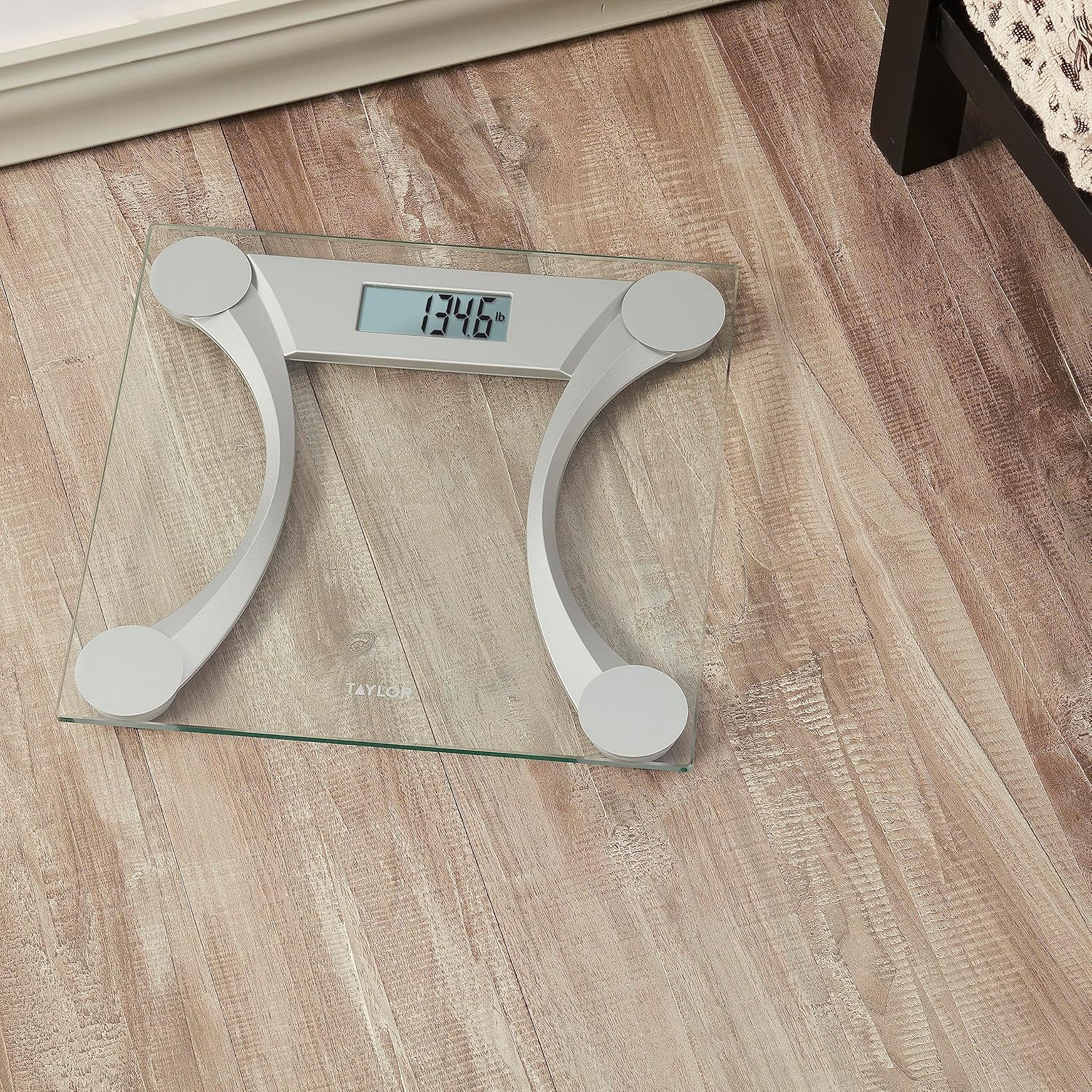 Taylor Clear Glass Digital Bathroom Scale | 400 lb Capacity with Metallic Accents | 11.8" x 11.8" Platform & Easy-to-Read LCD Display – Silver (Model: ELYSM-7602FT-02)