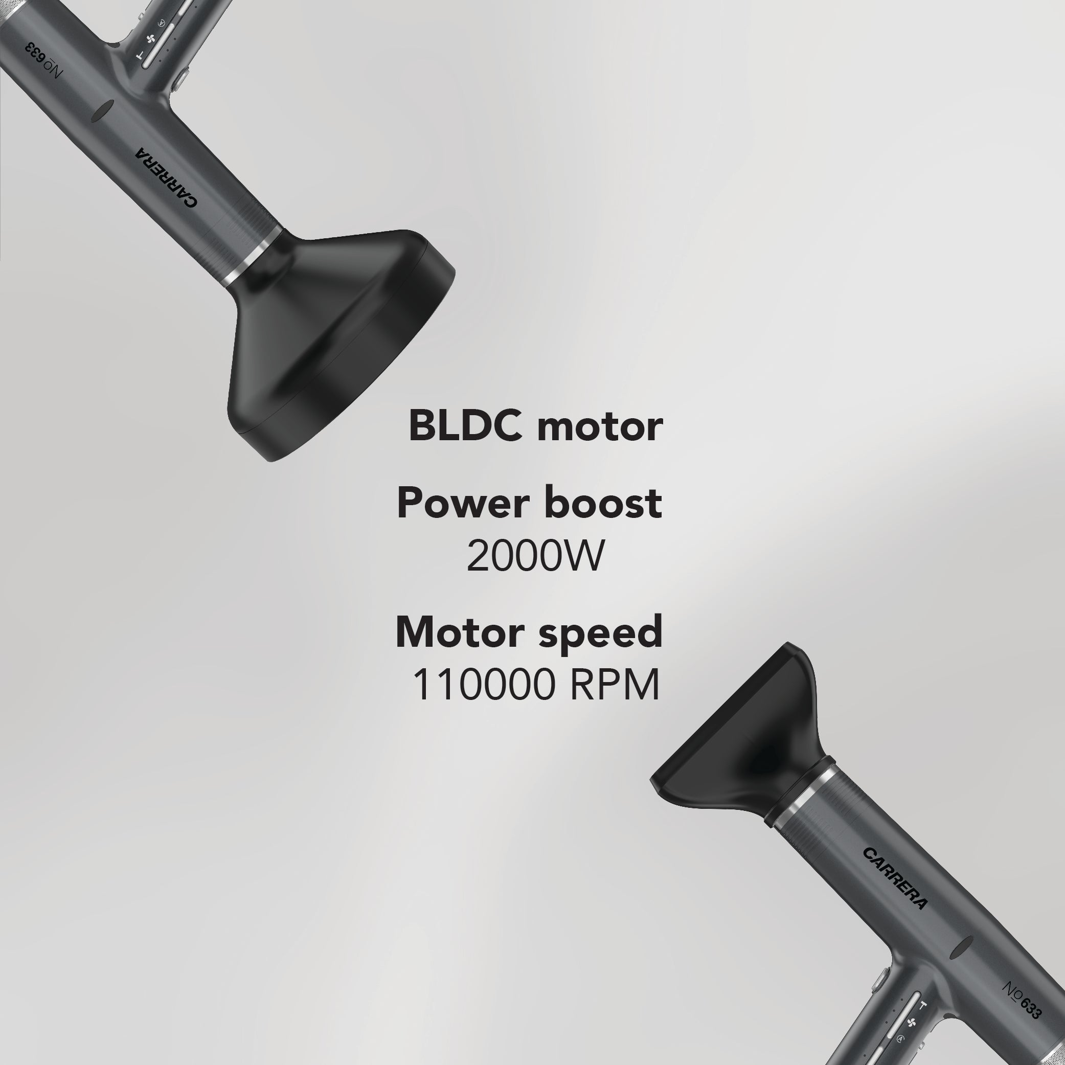 CARRERA BLDC Hair Dryer No 633-110,000 RPM Brushless Motor, 2000W Power Boost, Magnetic Styling Nozzle & Diffuser, Auto-Clean Function, Lightweight Design