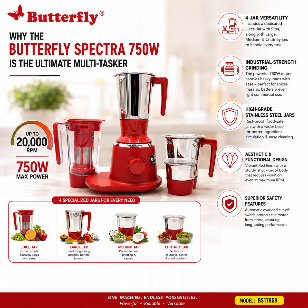 Butterfly Spectra Mixer Grinder - 750 W - 4 Jars