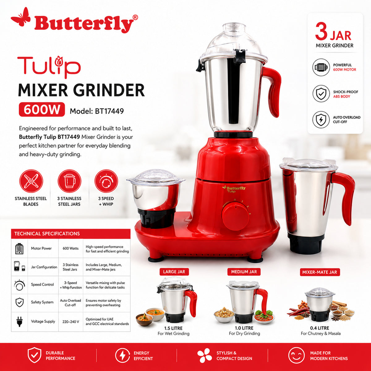 Butterfly Tulip Mixer Grinder - 600W -3 Jars- Red