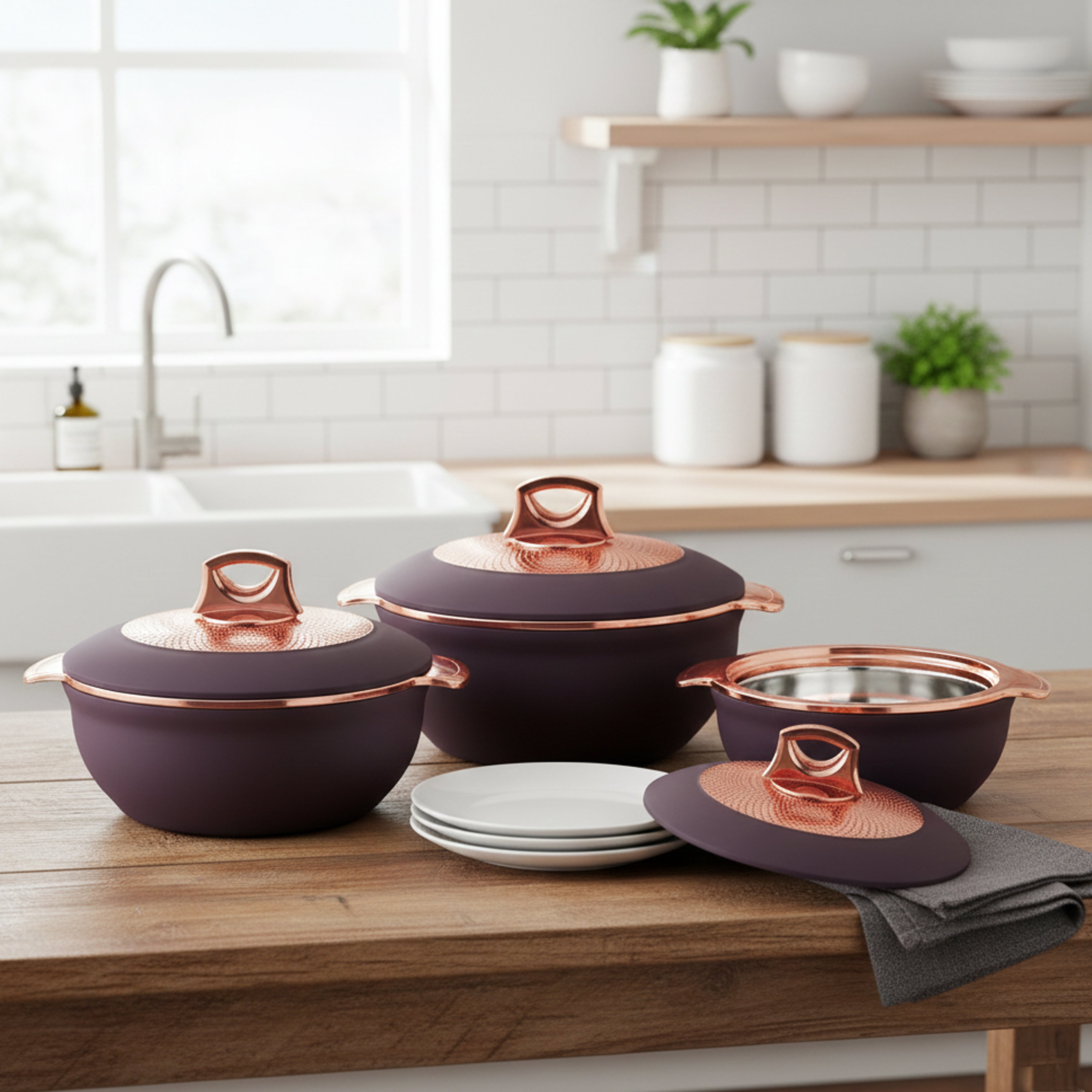 Asian Globus Casserole Dlx Set 3(Super)(1600+2500+3500) | Super PU Insulation Hot Pot with Stainless Steel Inner Casing | Serving Dishes with Lids | Hot Food Storage Container & Warmers
