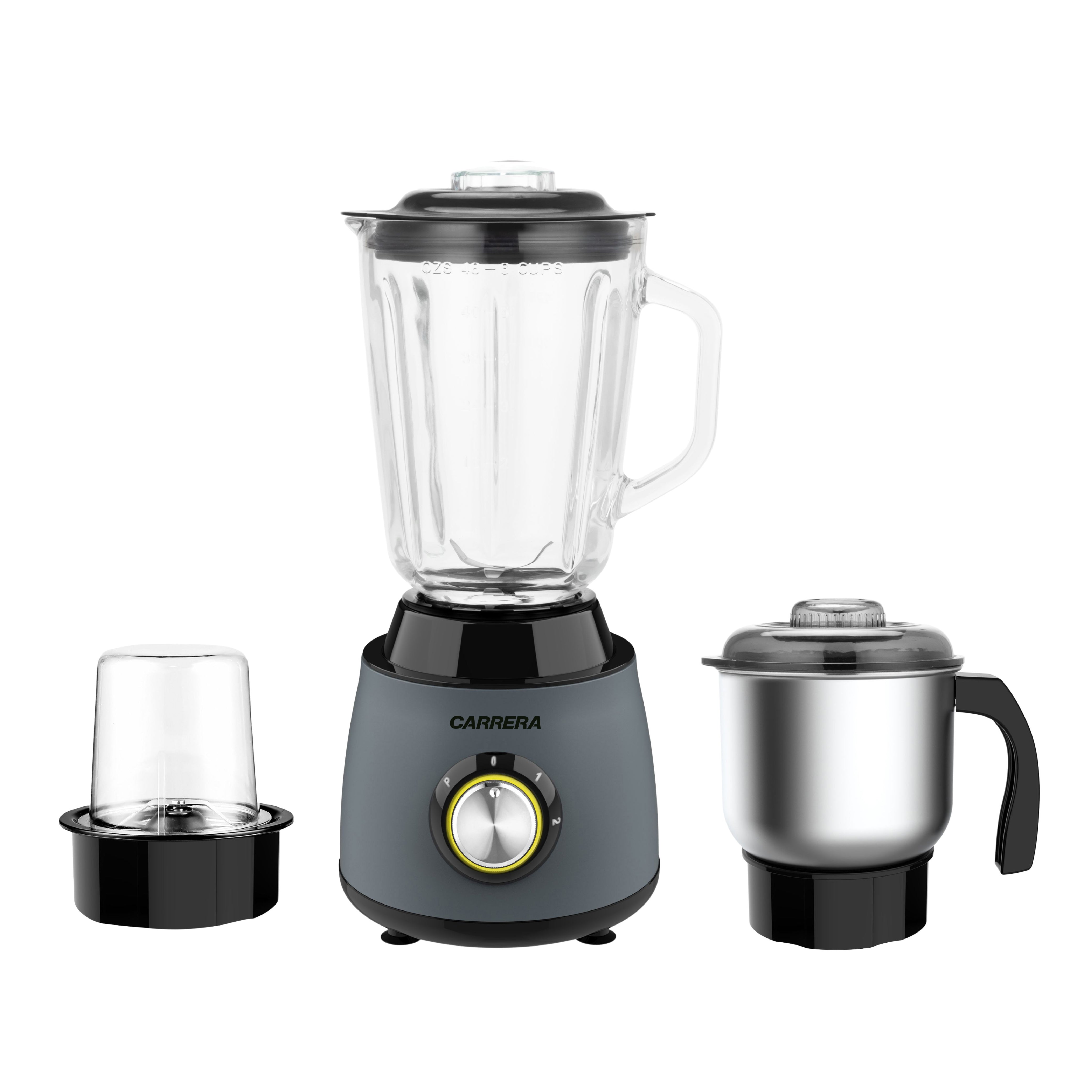 CARRERA 3-in-1 Powerful Blender 600W with 1.5L Blending Jar, Staineless Steel Blades & Copper Motor, Knob Control & LED Dislay, Perfect for Mixing, Grinding and Blending, Grey- CRR567, 2 Year Warranty