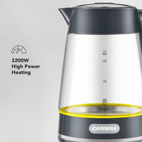 CARRERA Glass Kettle CRR649– 2200W Electric Kettle with 1.7L Heat-Resistant Glass Jug, STRIX Controller & Boil-Dry Protection