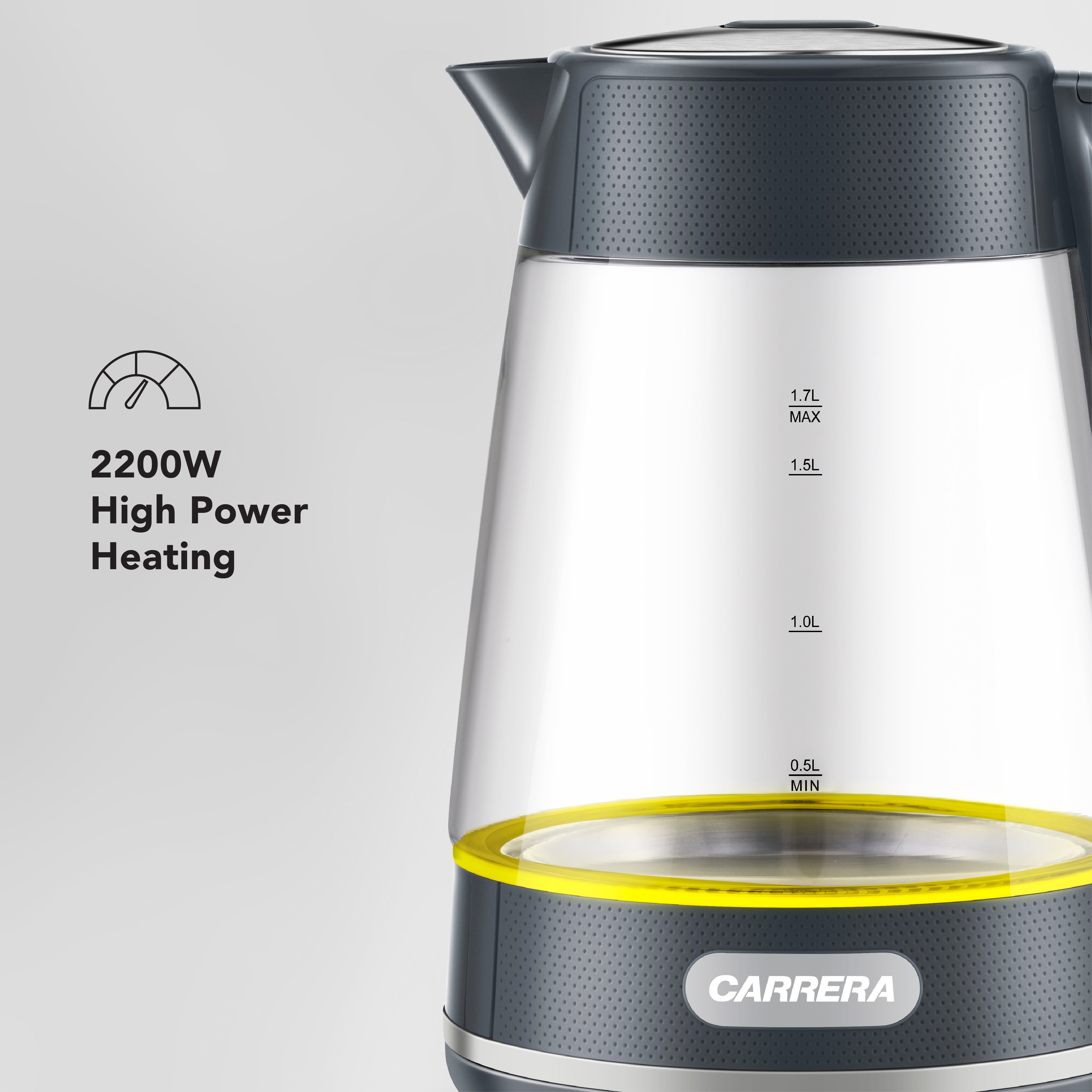 CARRERA Glass Kettle CRR649– 2200W Electric Kettle with 1.7L Heat-Resistant Glass Jug, STRIX Controller & Boil-Dry Protection