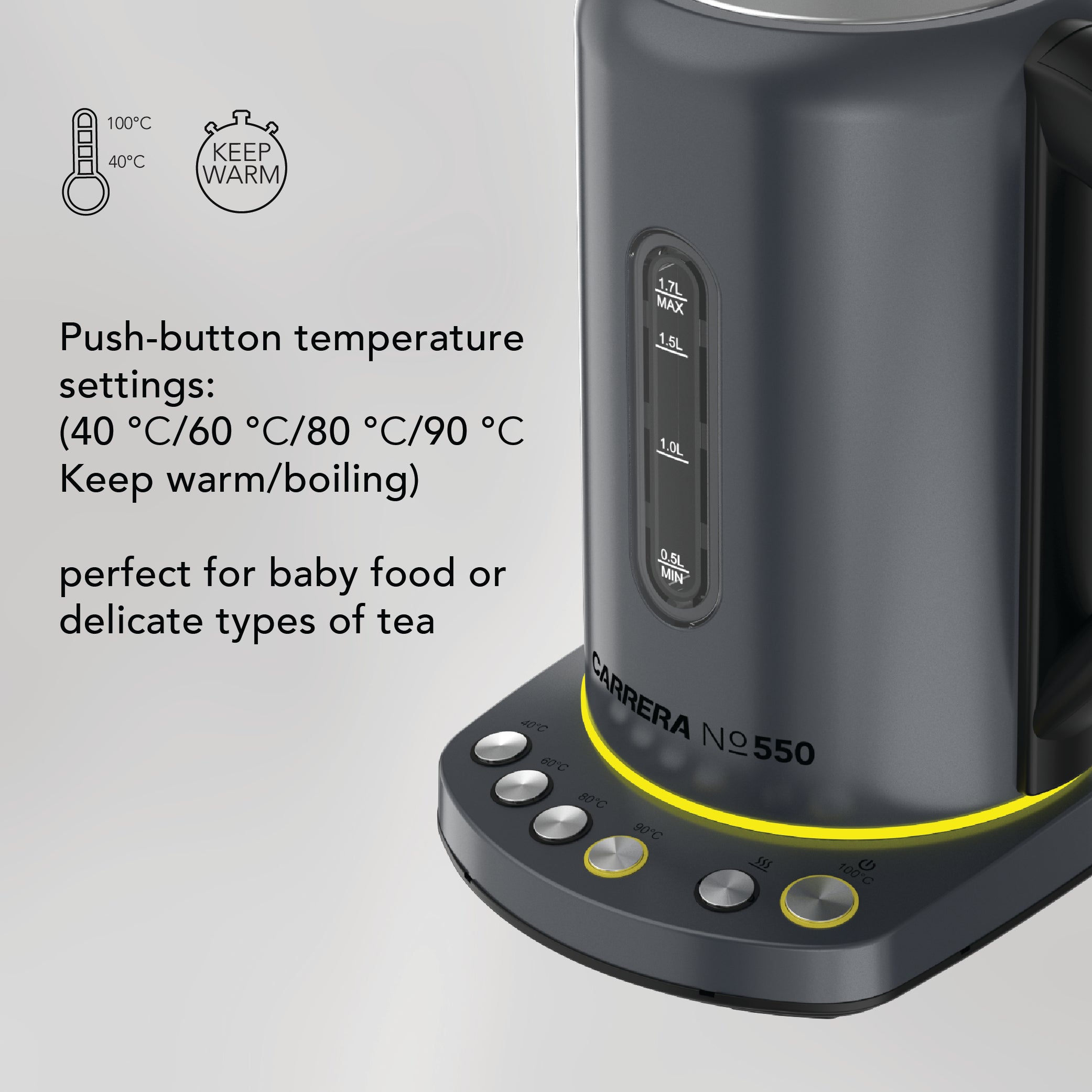 CARRERA Electric Kettle № 550 – 2000-2400W Stainless Steel Kettle with Adjustable Temperature, Keep Warm Function & LED Display
