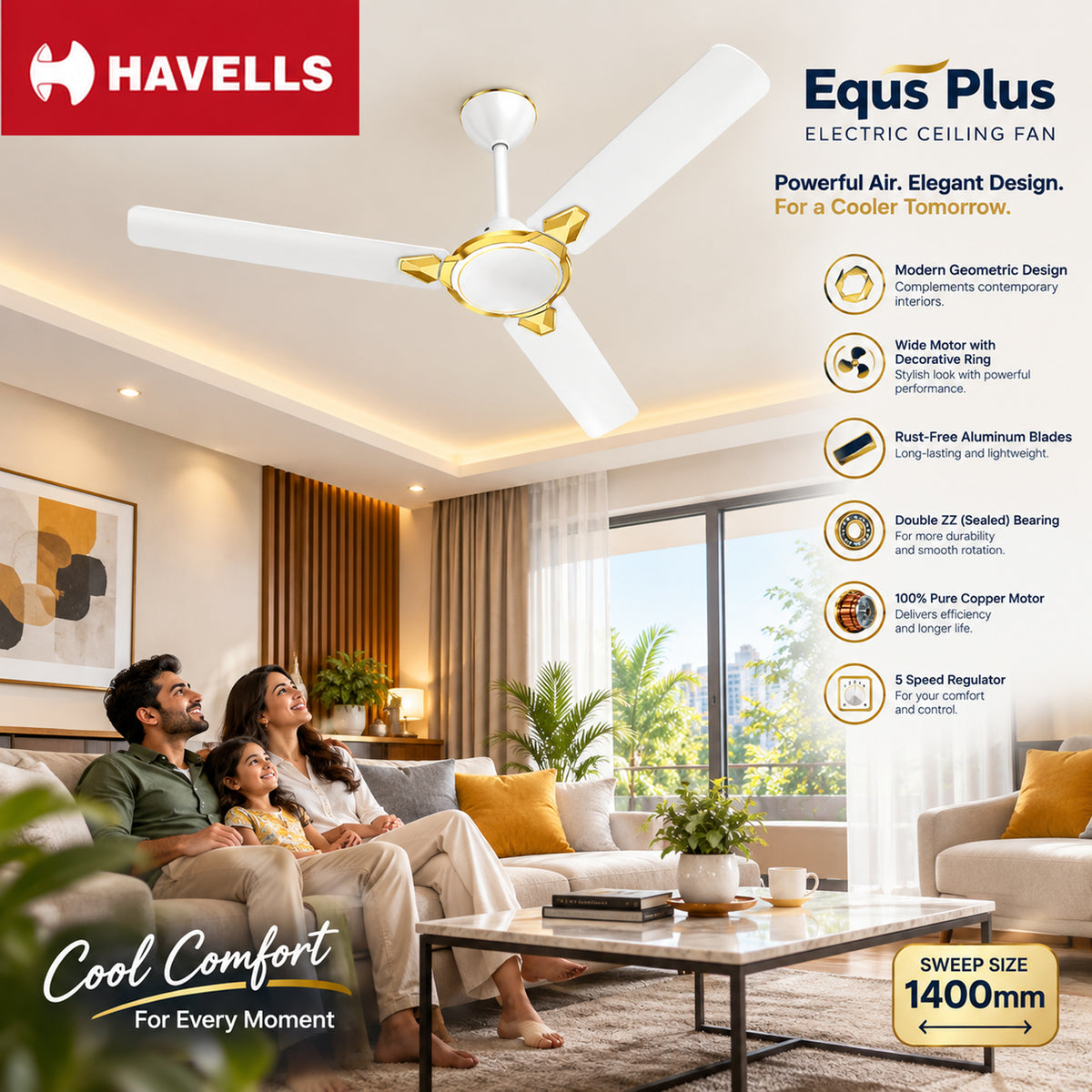Havells Equs Plus Electric Celling Fan | Classic Celling Fan with High Air Delivery Energy Efficient | White Gold
