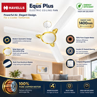 Havells Equs Plus Electric Celling Fan | Classic Celling Fan with High Air Delivery Energy Efficient | White Gold
