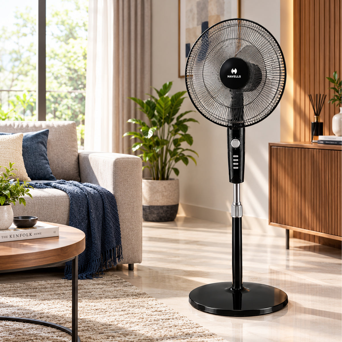 Havells Rigo Pedestal Stand Fan Black 400Mm | 3 Speed Levels & Adjustable Height | 5AS Blade with 1 Hours Timer