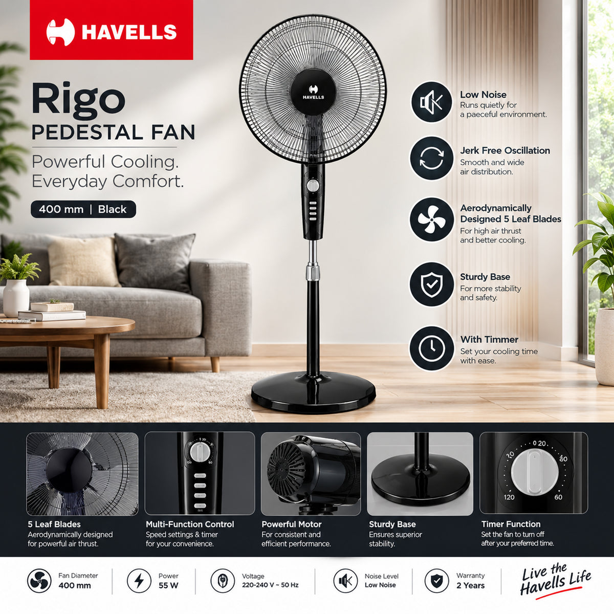 Havells Rigo Pedestal Stand Fan Black 400Mm | 3 Speed Levels & Adjustable Height | 5AS Blade with 1 Hours Timer