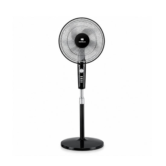 Havells Rigo Pedestal Stand Fan Black 400Mm | 3 Speed Levels & Adjustable Height | 5AS Blade with 1 Hours Timer
