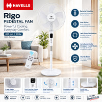 Havells Rigo Pedestal Stand Fan with Remote White 400Mm | 3 Speed Levels & Adjustable Height | 5AS Blade with 1 Hours Timer