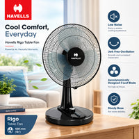 Havells Rigo Table Fan White 400Mm | 3 Speed Settings with Wide Oscillation with Stable Base |  Ideal for Desk Fan, Home or Office Use