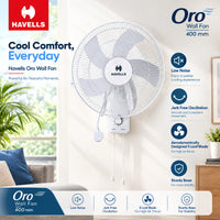 Havells Oro Wall Fan White 400Mm | 3 Speed Levels Wall Mounted Cooling Fan with 2 Pull String Cords | Perfect for Home, Work Room or Office Use