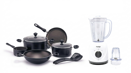 Prestige 9-Piece Non-Stick Cookware Set (PR22480) + 2-in-1 Stand Blender with Grinder 1.5L (PR81529) Combo Pack | PR81644