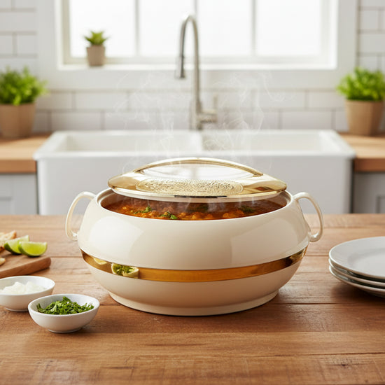Asian Golden Crest  Casserole Dlx 2300 Ml-Beige | Super PU Insulation Hot Pot with Stainless Steel Inner Casing | Dishwasher Safe | Serving Dishes with Lids | Hot Food Storage Container & Warmers