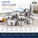Korkmaz Alfa Grande 14 Pieces Stainless Steel Cookware Set | Stainless Steel Induction Compatible Tri-Ply Bottom Pots and Pans Set | Silver - KA1089