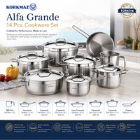 Korkmaz Alfa Grande 14 Pieces Stainless Steel Cookware Set | Stainless Steel Induction Compatible Tri-Ply Bottom Pots and Pans Set | Silver - KA1089