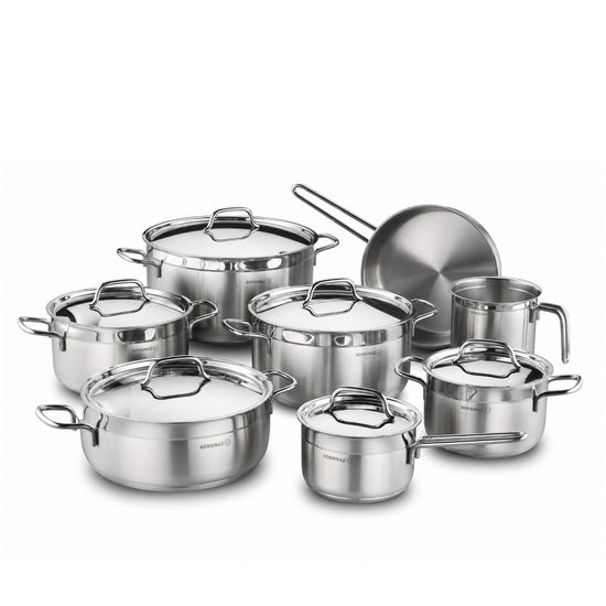 Korkmaz Alfa Grande 14 Pieces Stainless Steel Cookware Set | Stainless Steel Induction Compatible Tri-Ply Bottom Pots and Pans Set | Silver - KA1089