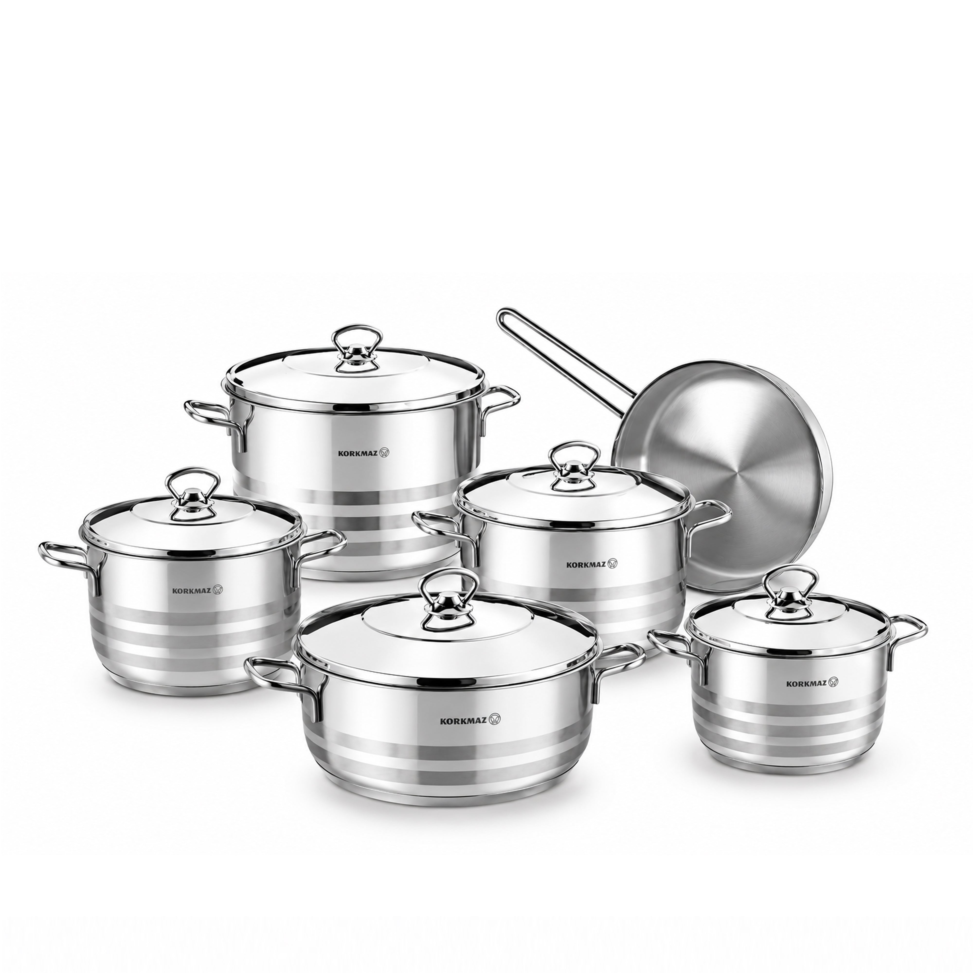 Korkmaz Astra 11 Pcs Stainless Steel Cookware Set | Turkish Induction Compatible Tri-Ply Bottom Pots and Pans Set | Silver KA1090