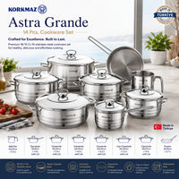 Korkmaz Astra Grande 14 Pieces Stainless Steel Cookware Set | Induction Compatible Tri-Ply Bottom Cookware Pots and Pans Set | KA1091